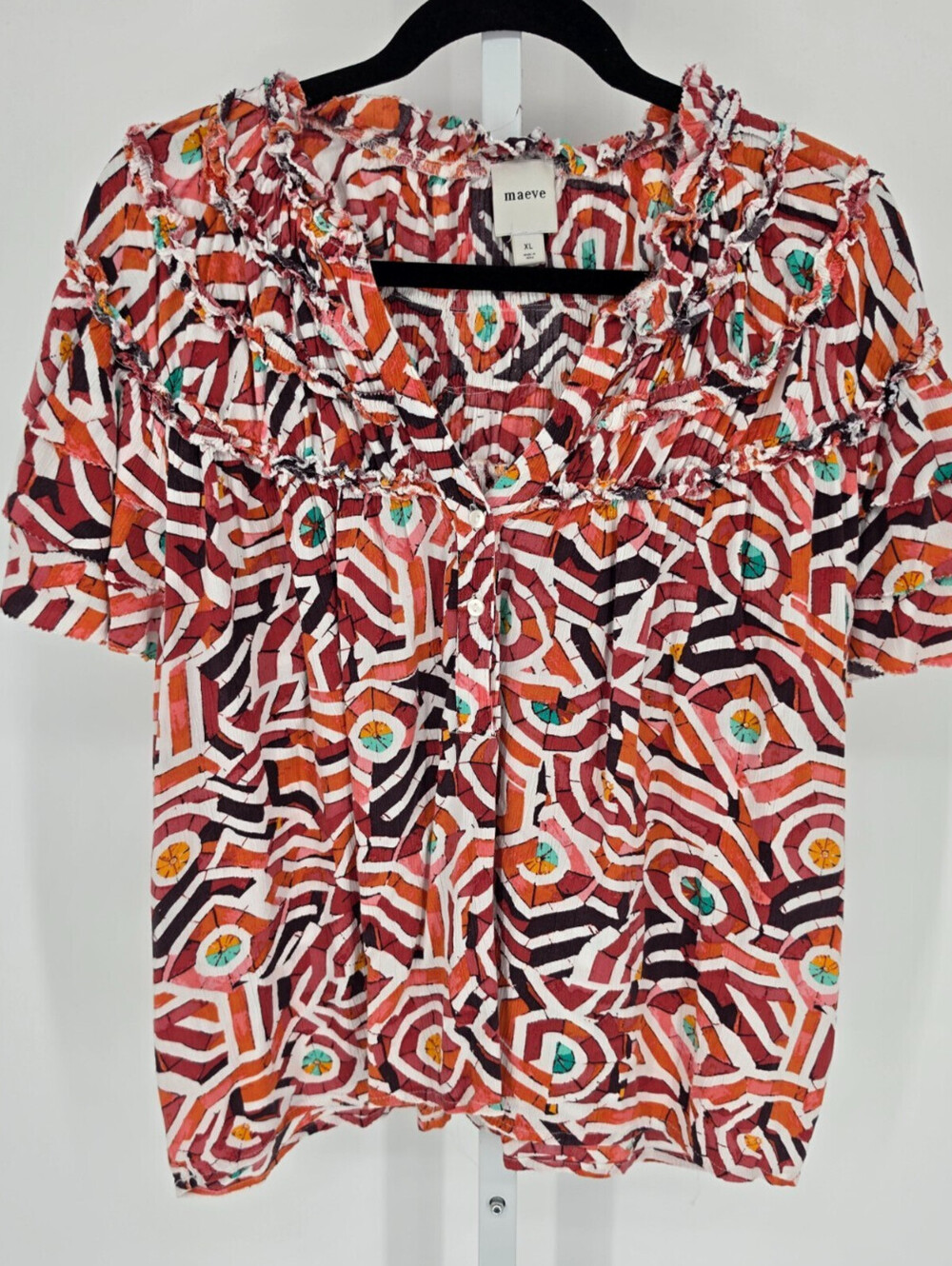 Maeve Womens Sz XL Short-Sleeve Ruffle Yoke Blouse Anthropologie Stained Glass
